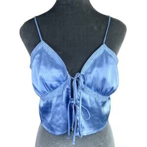 Love Tree- Crop Silky Lrg Blue front ties- spaghetti strap- baby doll preowned